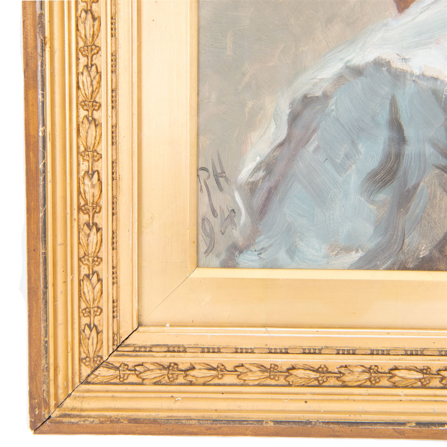 Ralph Hedley (Staithes Group 1851-1913):  'Mrs Palma Fionda' - Head and Shoulders Portrait, oil on board signed with initials and dated '94, 36cm x 26cm 
Provenance: exh. 'Exhibition of Works by Ralph Hedley', Laing Art Gallery, Newcastle 1938, no. 129, label verso