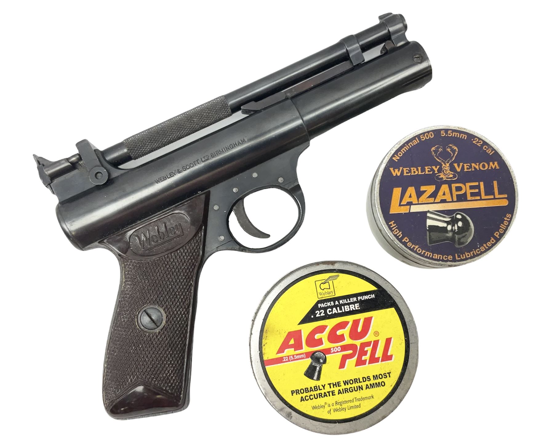 Webley Premier .22 air pistol with over lever action No.902 L24cm; and quantity of .22 pellets in two tins