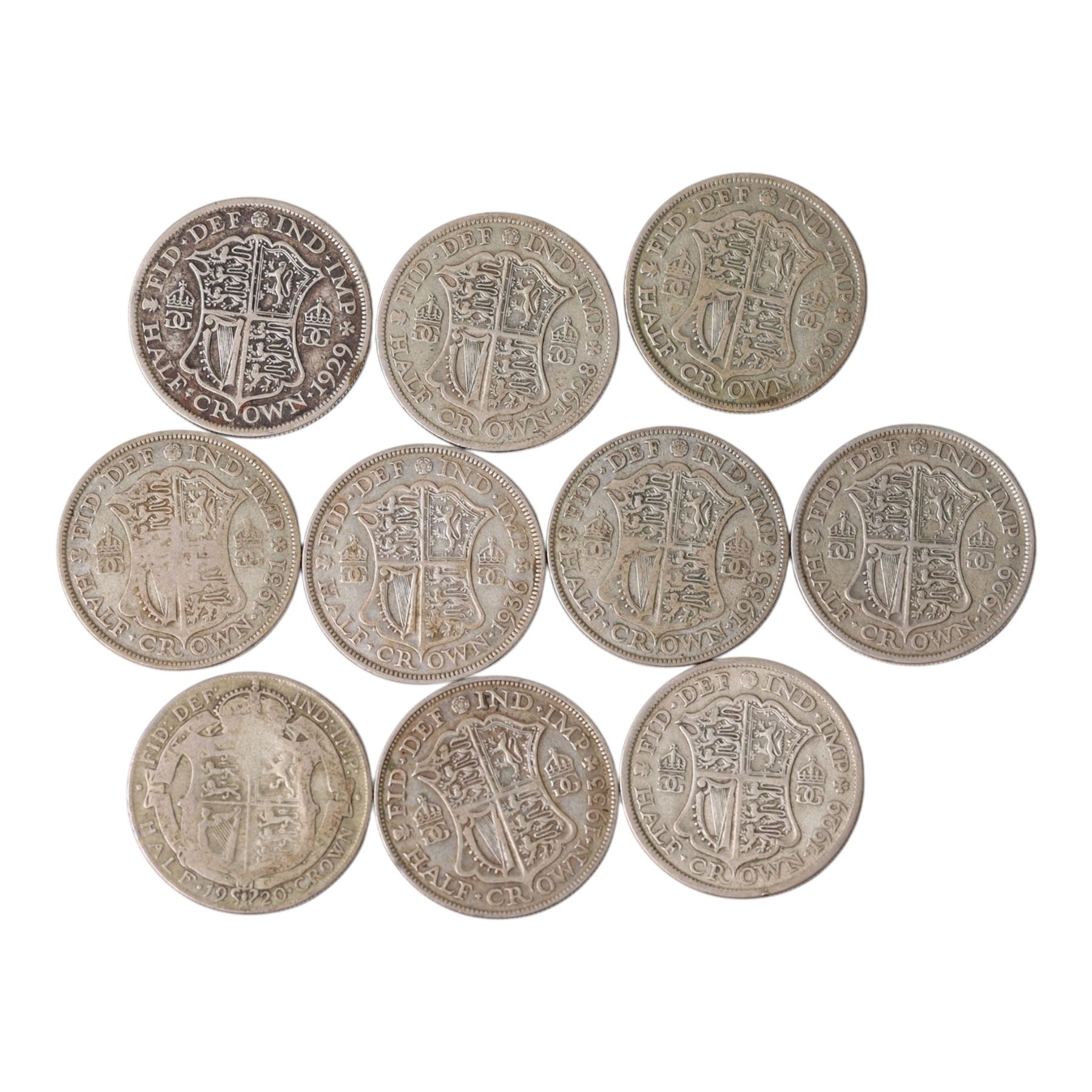 Ten Great British pre-1947 silver half crown coins, including one 1930