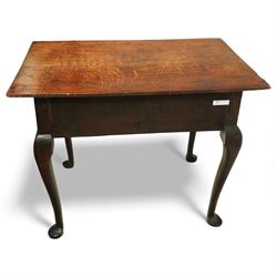 Early 18th century Georgian oak single drawer side table, the rectangular top over a single frieze drawer with pierced brass escutcheon and handles, shaped apron, raised on cabriole legs with pad feet