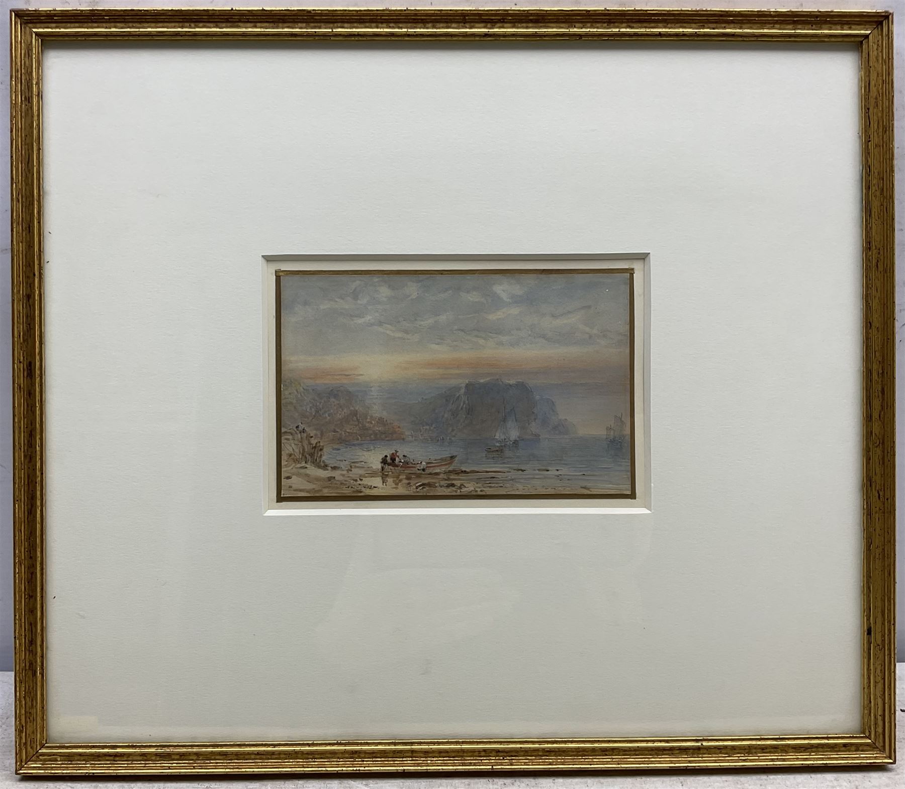 George Weatherill (British 1810-1890): Coble on Penny Steel looking towards Cowbar Nab - Staithes, watercolour unsigned 10.5cm x 17cm