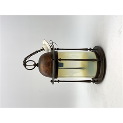 Arts and Crafts copper hall lantern, of cylindrical form with merging vaseline glass shade beneath a domed top, H42.5cm