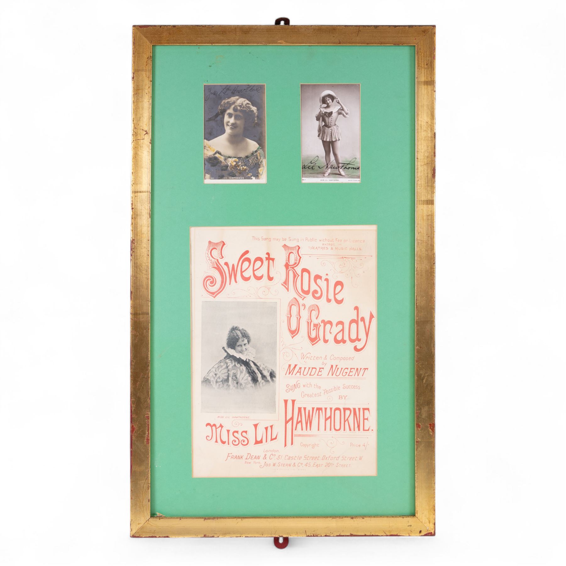 Sweet Rosie O'Grady theatre bill framed with two signed photographs of Miss Lil Hawthorne, together with two Scarborough Opera House seating plans and an advertising mirror for Rosie O'Grady's Inaugural Ascension, mirror H64cm