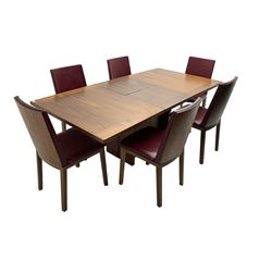 Skovby - Danish mid-20th century design teak extending dining table, rectangular top on pedestal base (W146cm D99cm H92cm); Skovby - set six Danish stained beech dining chairs, back and seat upholstered in oxblood faux leather (W47cm H90cm)