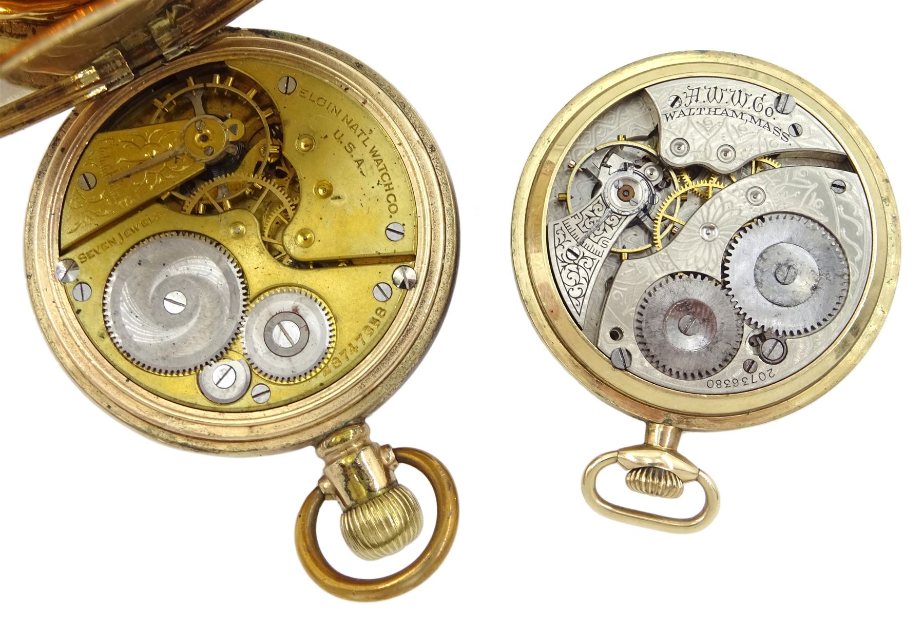 Elgin gold-plated full hunter lever pocket watch and an American Watch Co open face lever pocket watch, with leaf and key design back case