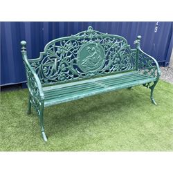 Large green painted cast iron garden bench, the shaped and pierced back decorated with birds and interlacing foliage, oval plate depicting a classical seated woman holding a bird - THIS LOT IS TO BE COLLECTED BY APPOINTMENT FROM DUGGLEBY STORAGE, GREAT HILL, EASTFIELD, SCARBOROUGH, YO11 3TX