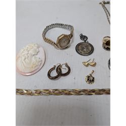 Georg Jensen silver St Christoper's pendant, 9ct gold jewellery including earrings and stone set ring, cameo, silver jewellery and a 9ct gold wristwatch, on expanding gilt strap
