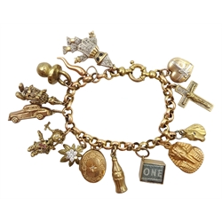 Gold belcher link bracelet with fourteen gold charms including ragdoll, clown, horse and money box, all 9ct hallmarked, tested or stamped