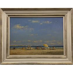 William Burns (British 1923-2010): 'Bright Day' Bridlington Beach, oil on board signed, titled verso 49cm x 70cm
Provenance: direct from the artist's family. Born in Sheffield in 1923, William Burns RIBA FSAI FRSA studied at the Sheffield College of Art, before the outbreak of the Second World War during which he helped illustrate the official War Diaries for the North Africa Campaign, and was elected a member of the Armed Forces Art Society. On his return to England, he studied architecture at Sheffield University and later ran his own successful practice, being a member of the Royal Institute of British Architects. However, painting had always been his self-confessed 'first love', and in the 1970s he gave up architecture to become a full-time artist, having his first one-man exhibition in 1979.