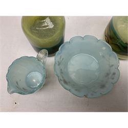 Mdina sea and sand glass vase, of cylindrical form, decorated in green, turquoise and brown, and matching vase, both unmarked together with a glass bowl and jug with gilt decoration 