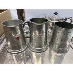 Collection of silver plate to include teapots, coffee pots, milk jug, sucrier, serving spoons, etc, together with pewter tankards 