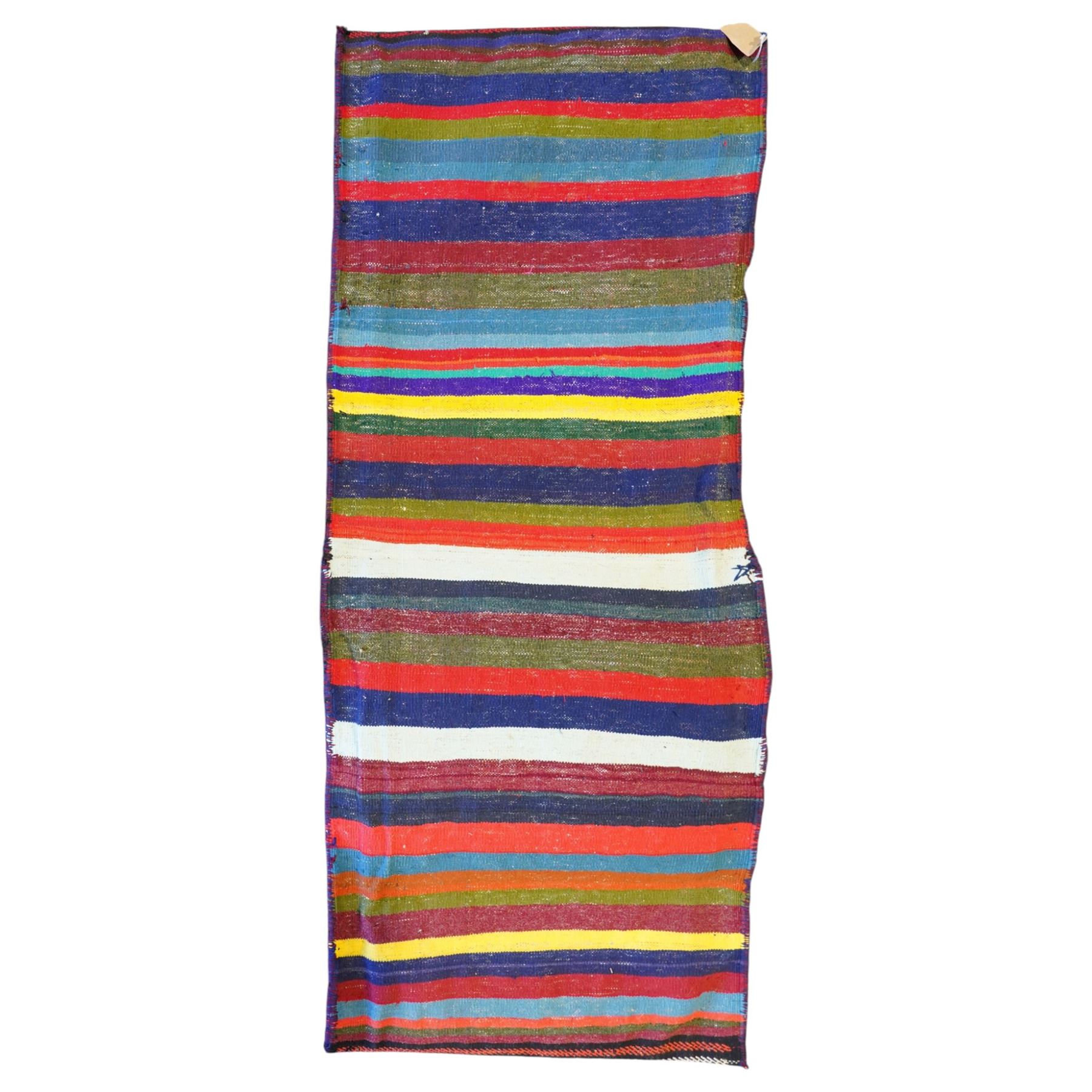 North East Persian Turkoman saddle bag, traditional double pouch form, each panel woven with vertical bands of small geometric motifs on ivory ground, framed by multiple horizontal borders of angular tribal ornament of hooked devices and steeped lozenges, reverse with stripped coloured flatweave bands 