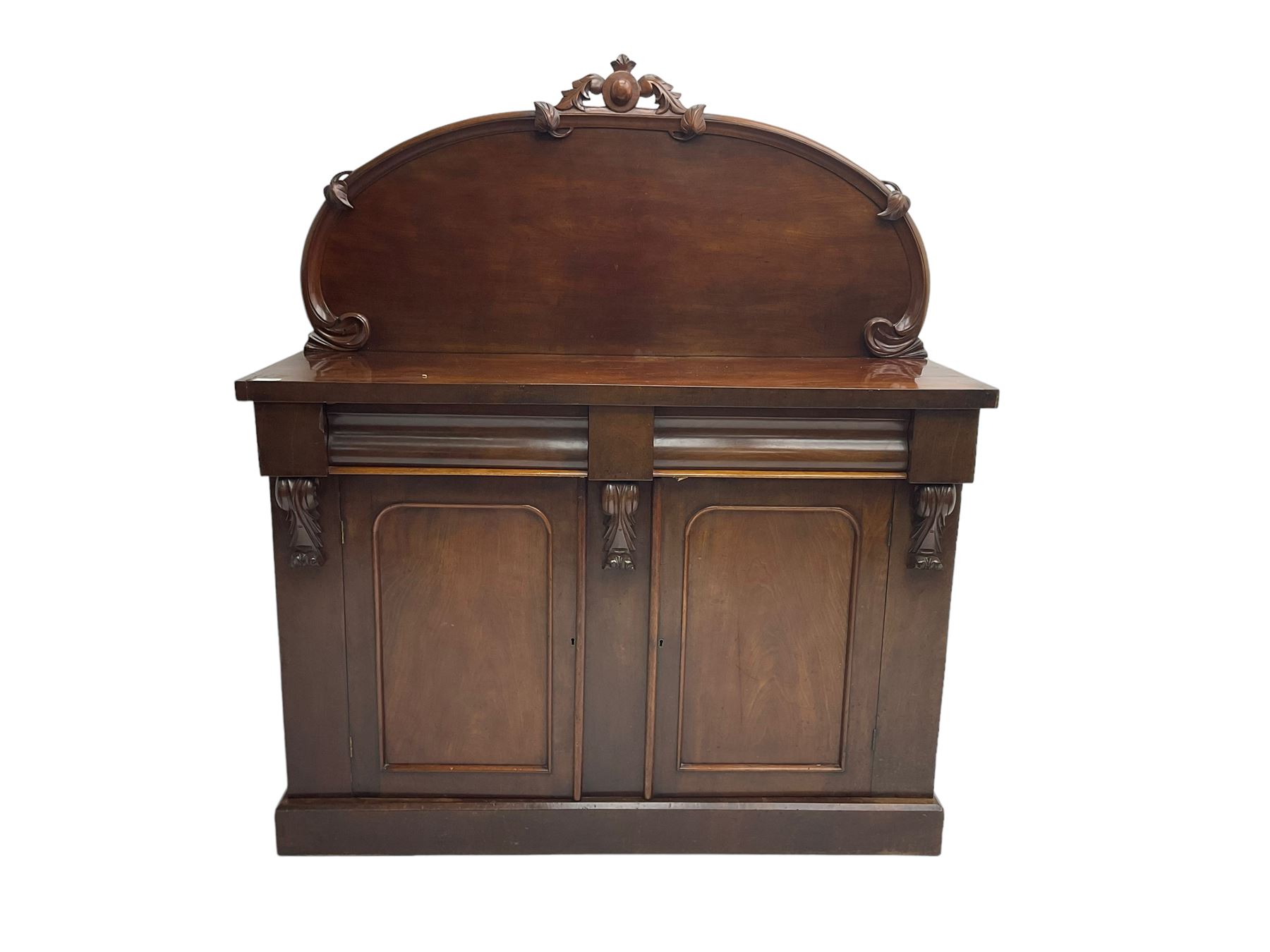 Victorian mahogany chiffonier sideboard, raised back with central cartouche pediment, fitted with two two drawers over two panelled cupboards, flanked by foliate corbels