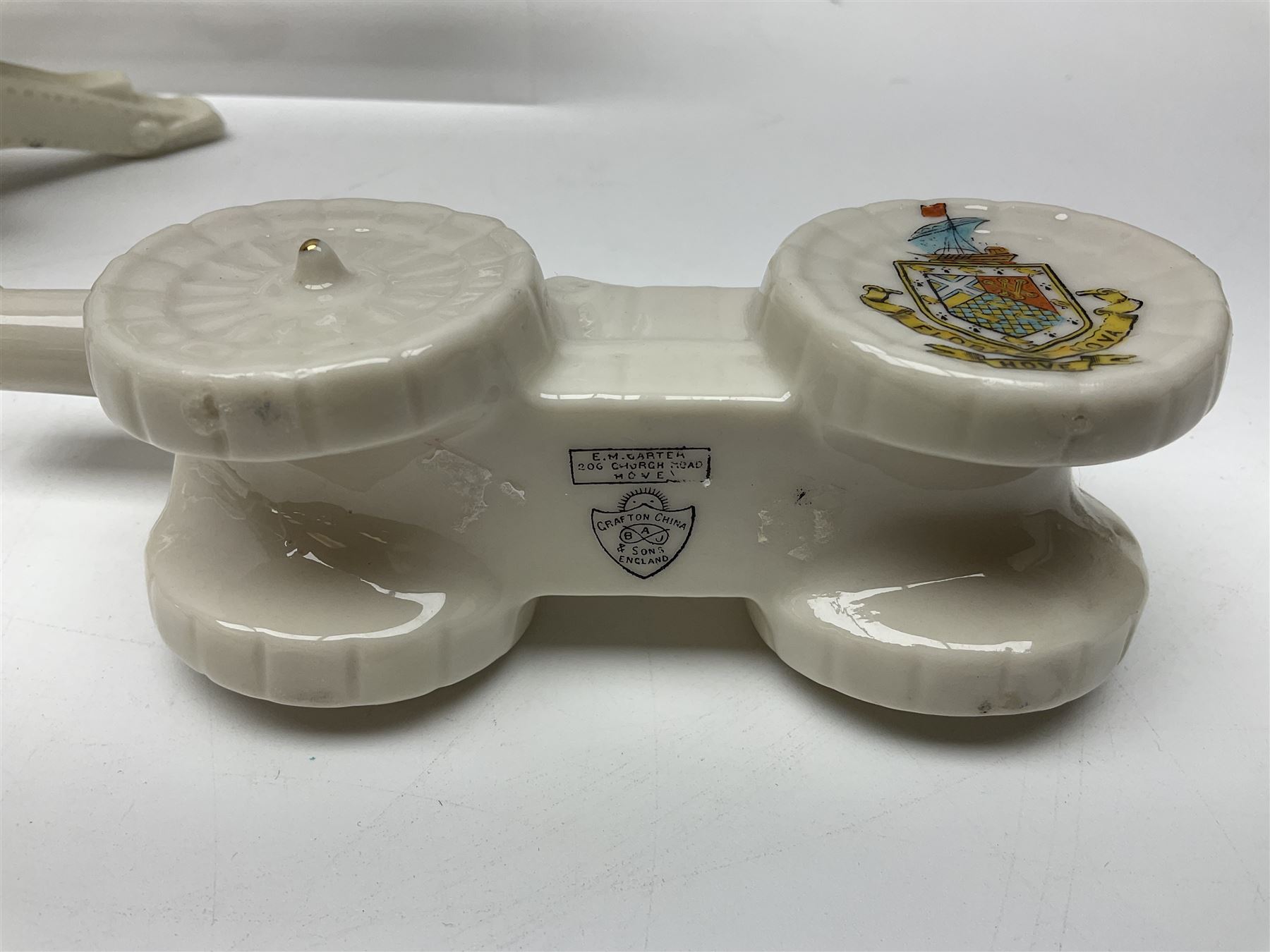 Ten WW1 crested china military models of tanks and field guns; various makers including Goss, Grafton China, Arcadian China, Savoy China etc; various crests including Portsmouth, Brighton, Pendleton, Paignton, Cowes, Flamborough etc (10)