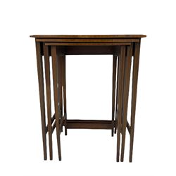 Edwardian mahogany wall hanging corner display cabinet, projecting dentil cornice over astragal glazed door (W56cm, H93cm), and an Edwardian mahogany nest of three tables (46cm x 36cm, H60cm)