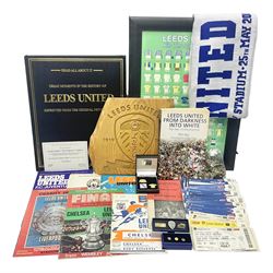 Leeds United football club - football association challenge cup competition final Saturday 11th April 1970 Chelsea vs Leeds United at Wembley programme, football association charity shield Saturday 10th August 1974 Leeds United vs Liverpool programme, various supporters pin badges, scarf for the league 1 playoff final Wembley stadium 25th May 2008, Danbury Mint 'Great Moments in the History of Leeds United' leather bound collectors edition, various used home game tickets etc