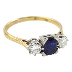 Gold three stone oval sapphire and round brilliant cut diamond ring, stamped 18ct & Plat, sapphire approx 0.65 carat, total diamond weight approx 0.50 carat