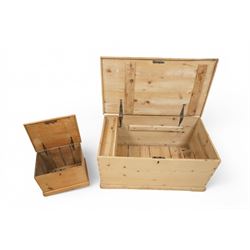 Victorian stripped pine blanket chest (W92cm, H45cm, D52cm,); together with a smaller box (W40cm, H30cm, D29cm) (2)