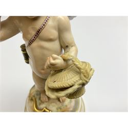 Late 19th/early 20th century Meissen figure of cupid, modelled standing with empty quiver across back, holding a basket in one arm, the other raised to head, upon a naturalistically modelled base detailed with gilt bow,  and marble effect socle base with gilt bands, with blue crossed swords mark beneath, H18.5cm