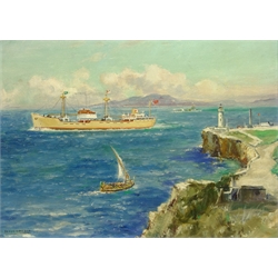  Frank Henry Mason (Staithes Group 1875-1965): 'MV Frederick T. Everard passing Europa Point Gibraltar, oil on board signed, title label verso 29cm x 39cm   Provenance: from the exors. of a North Yorkshire single owner collection of Maritime oils and watercolours    DDS - Artist's resale rights may apply to this lot     