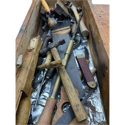 Collection of vintage tools in wooden ammunition box - hammers, Marples chisel, various other chisels, moulding plane, hand drill etc.