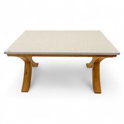 Kitchen dining table, rectangular, speckled quartz and marble composite top on a solid oak x-from base 