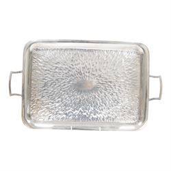 Hukin & Heath planished silver plate coffee tray attributed to Christopher Dresser, with similar coffee set comprising pair of coffee pots, of cylindrical tapering form with strapwork handles, milk jug and open sucrier, all engraved with initial to center, tray L48cm 