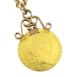 King George III 1791 gold spade guinea coin, soldered 9ct rose gold mount, on 9ct gold belcher link chain necklace