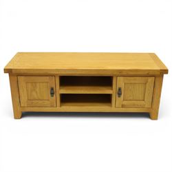 Contemporary oak TV stand, with two open recesses with back apertures for wires, flanked b...