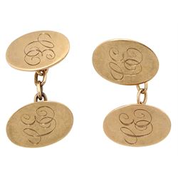 Pair of 9ct rose gold cufflinks, engraved with monogrammed initials 'CE' by The Albion Chain Co, hallmarked 