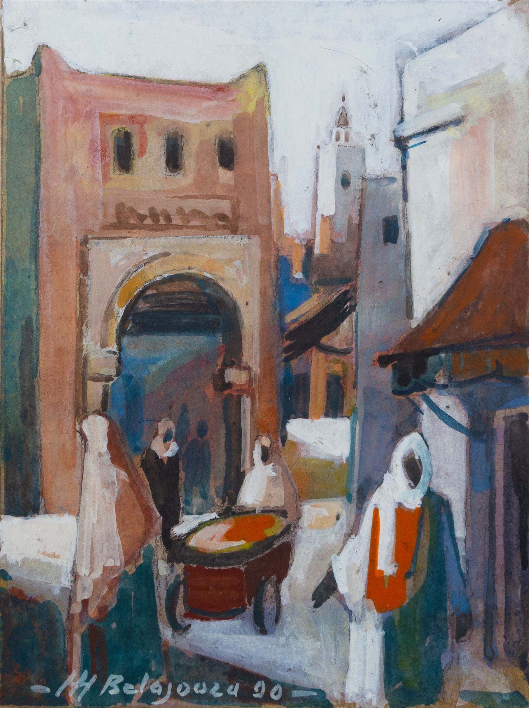 Mohamed Belajouza (Tunisian 20th Century): Streets of Sousse, set of three gouaches signed, max 18cm x 13cm (3)