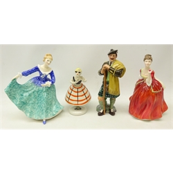  Three Royal Doulton figures, Janette, Flower of Love & The Laird and a USSR porcelain figure of a dancing girl on stand (3)  