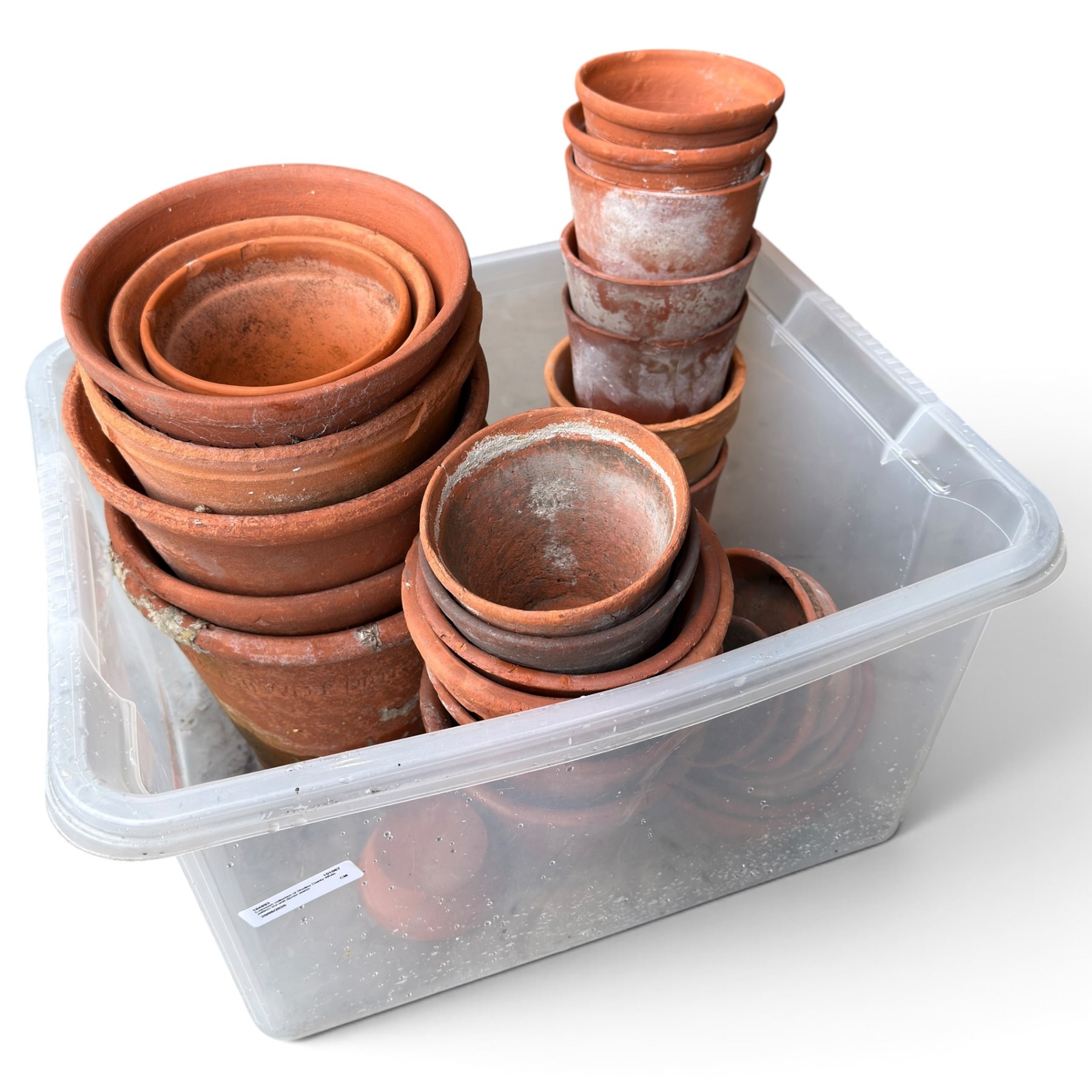 Large collection of vintage terracotta flowerpots of varying traditional forms and graduated sizes, including examples stamped Sankey’s Ltd, Bulwell, Notts and Hidcote, in five boxes
