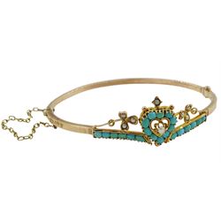 Edwardian 9ct rose gold turquoise and split seed pearl heart bangle, Birmingham 1901