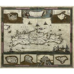 Frederik de Wit (Dutch 1629-1706): 'Insula Candia Ejusque Fortificatio' - Crete, 17th century engraved map with later hand-colour 46cm x 55cm