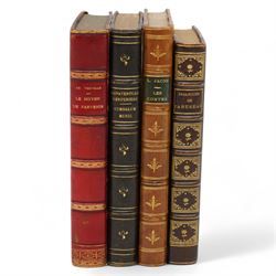 Le Sievre Faret - 'L'Honeste Homme' ou L'Art de Plaire, published in French by Arnould Cotinet, Paris 1660, full calf, J-P de Florian 'Les Six Nouvelles' 1786 and 'Nouvelles Nouvelles' 1792, both in quarter leather Conscience, F -'Les Dialogues de Jacques Tahureau' published Lemere, Paris 1871 in half calf and marbled boards, Berolade de Verville - 'Le Moyen de Parvenir' pub. Garnier Freres 1879, Jacob, Paul - 'Le Cymbalum Mundi' 1841 and 'Les Contes de Bonaventure des Periers' 1843, all published in French and collection of books published in French including H-L Bordier (Ed) - 'Le Chansonnier Hugenot' two volumes 1870, Mace de Villebresme - 'Epistre de Cleriande' limited edition No132, 'Poeme Inedit de Iehan Marot' 1860 and others (11) Saint-Andre, Claude - 'Madame du Barry d'apres les Documents Authentiques' limited edition published in French by Emile- Paul, Paris 1908 No 39/250 soft vellum cover