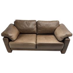 Heals - contemporary two seat 'Palermo' sofa, upholstered in chocolate brown leather, raised on wooden block feet