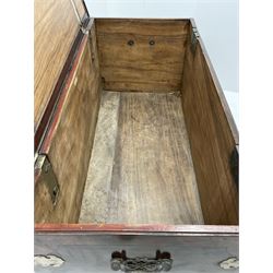 19th century camphor wood and mahogany silver chest, the hinged banded top with circular brass mounts which secure the interior strap hinges, fretwork metal strapping to the corners, on stand with plain frieze and acanthus carved cabriole ball and claw feet