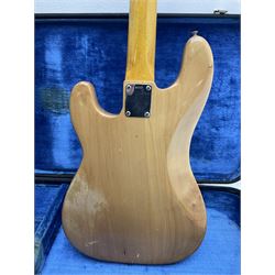 1962 Fender Precision bass guitar; re-finished in natural alder in the 1970s; impressed date code 5NOV62C to end of neck and serial no.90537 to back plate; L115.5cm; in replacement hard carrying case