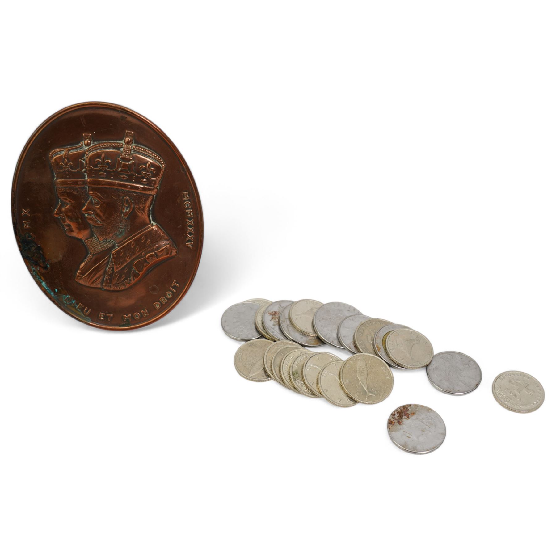 Early 20th century silver keyless lever pocket watch by Waltham, case by Dennison, Birmingham1919, four gilt pocket watches and a nickle pocket watch, Dieu Et mon droit brass plaque and a collection of coins