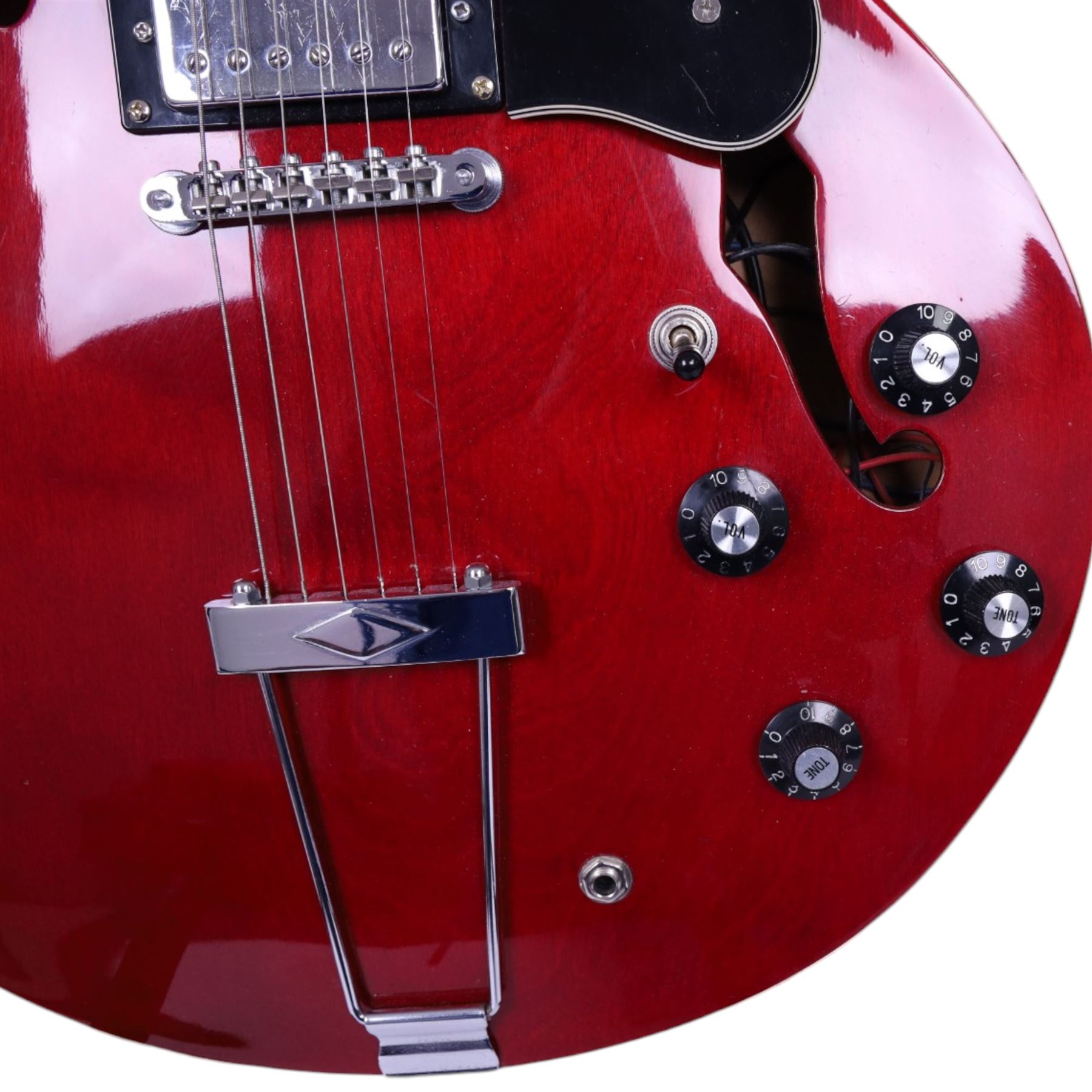 1970s 'lawsuit era' CMI Marshall ES-335 a Japanese-made copy of the Gibson ES-335, semi-hollow body electric guitar in cherry red finish, contained within a fitted hard case, guitar length L106cm