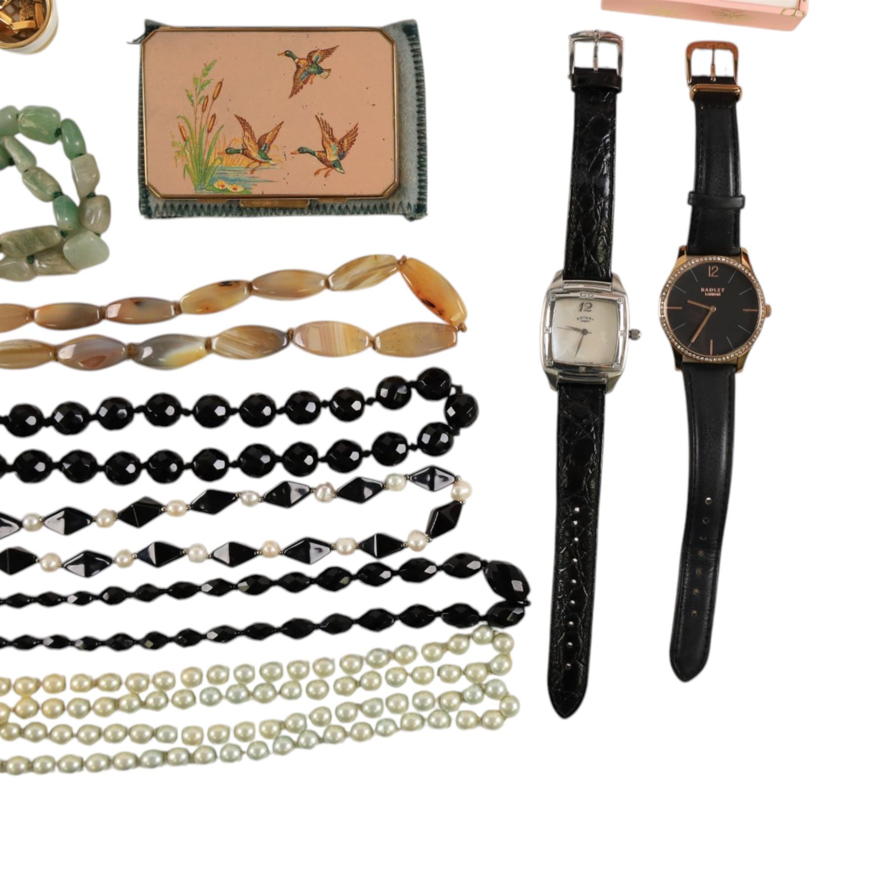 Collection of silver stone set jewellery, including pendant necklace and earrings, together with a collection of costume jewellery rings, earrings, beaded necklaces and two wristwatches