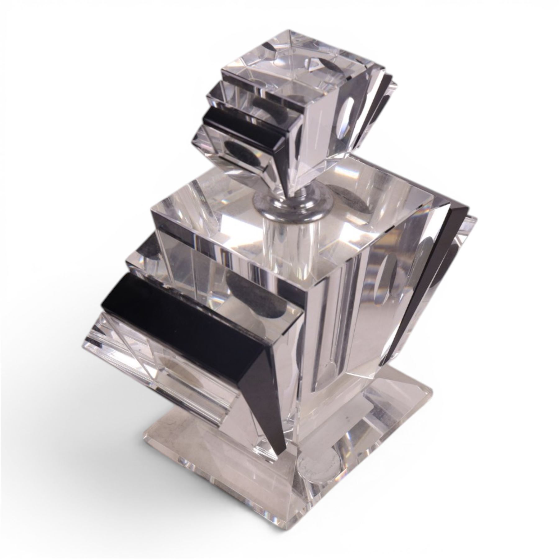 Art Deco style perfume bottle, of faceted form black and clear glass, H23cm