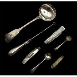 Group of silver, comprising ladle, two salt spoons, three mother of pearl handled fruit kn...
