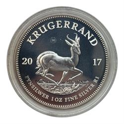 Five silver proof coins, comprising The Royal Mint United Kingdom 2016 'Shakespeare' one ounce two pounds, 2017 'Britannia' one ounce two pounds, Bailiwick of Jersey 2016 'Battle of Hastings' ten pounds coin bar, 2018 '100 Years of the Royal Air Force' five pounds and South Africa 'Krugerrand' one ounce, all cased with certificates