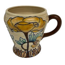 Royal Cauldon single handled vase of tapering form tube lined with a floral pattern by Edith Gater H17cm