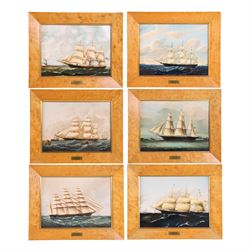 Set of Six Wedgwood plaques, each decorated with a clipper ship, inscribed to the reverse,...