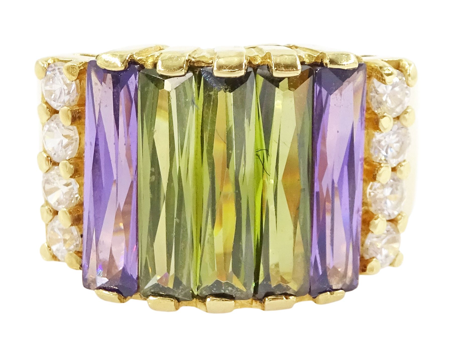 18ct gold purple and green paste stone set ring, with white paste stone sides, stamped 750