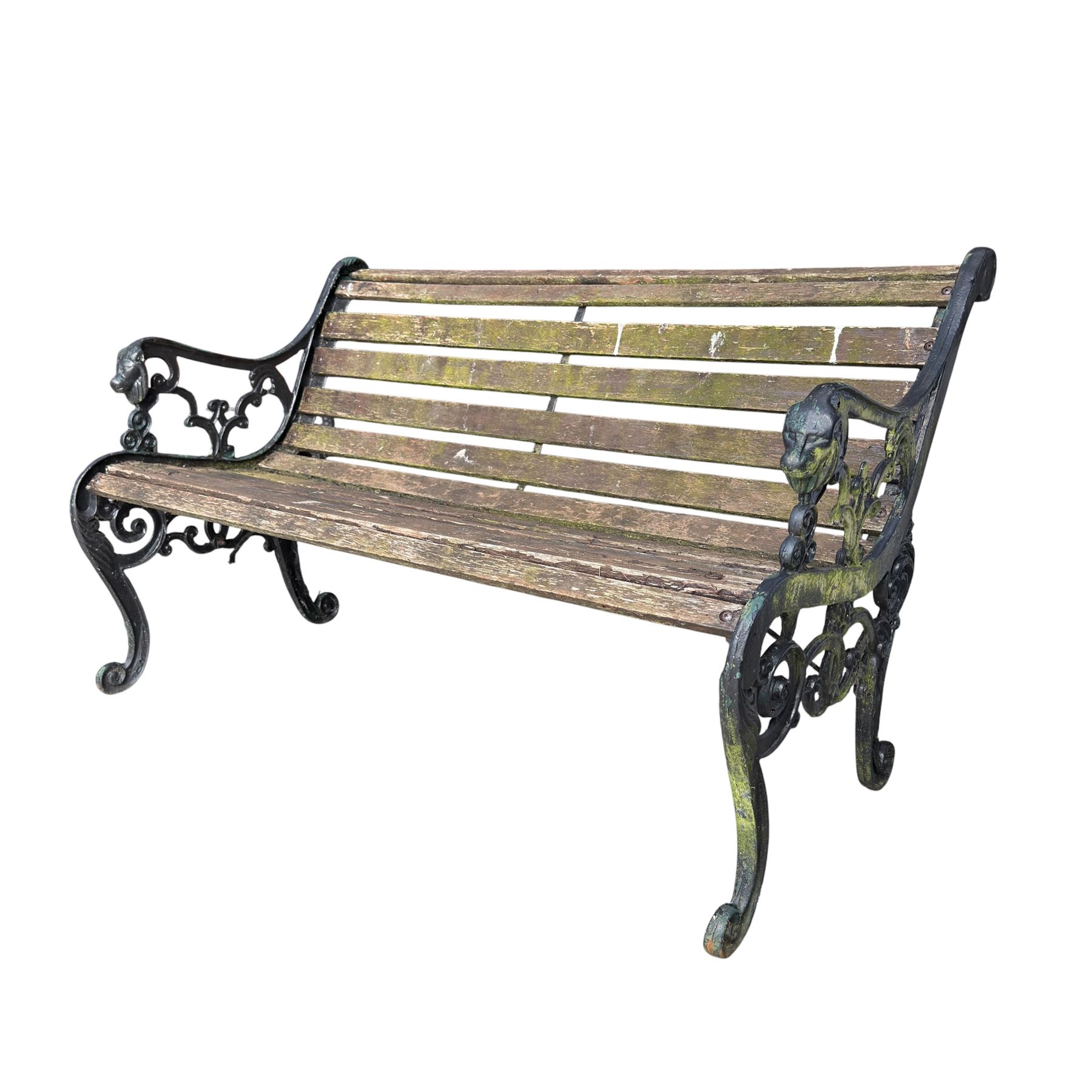 Pair of Victorian Revival Coalbrookdale design 'Dog and Serpent' pattern benches with slatted seats, the cast iron end supports of pierced and scrolling design with dog mask arm terminals