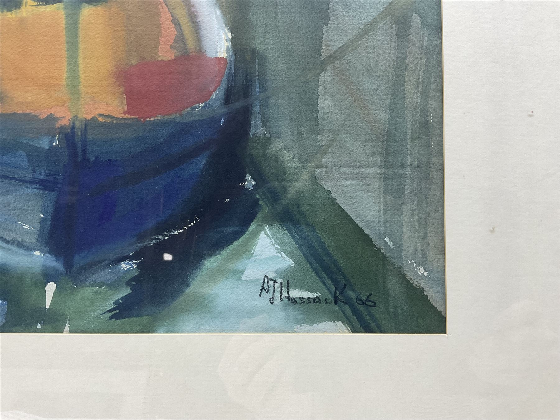 A J Hossack (British 20th Century): Moored Boats, gouache signed and dated '66, 34cm x 53cm  